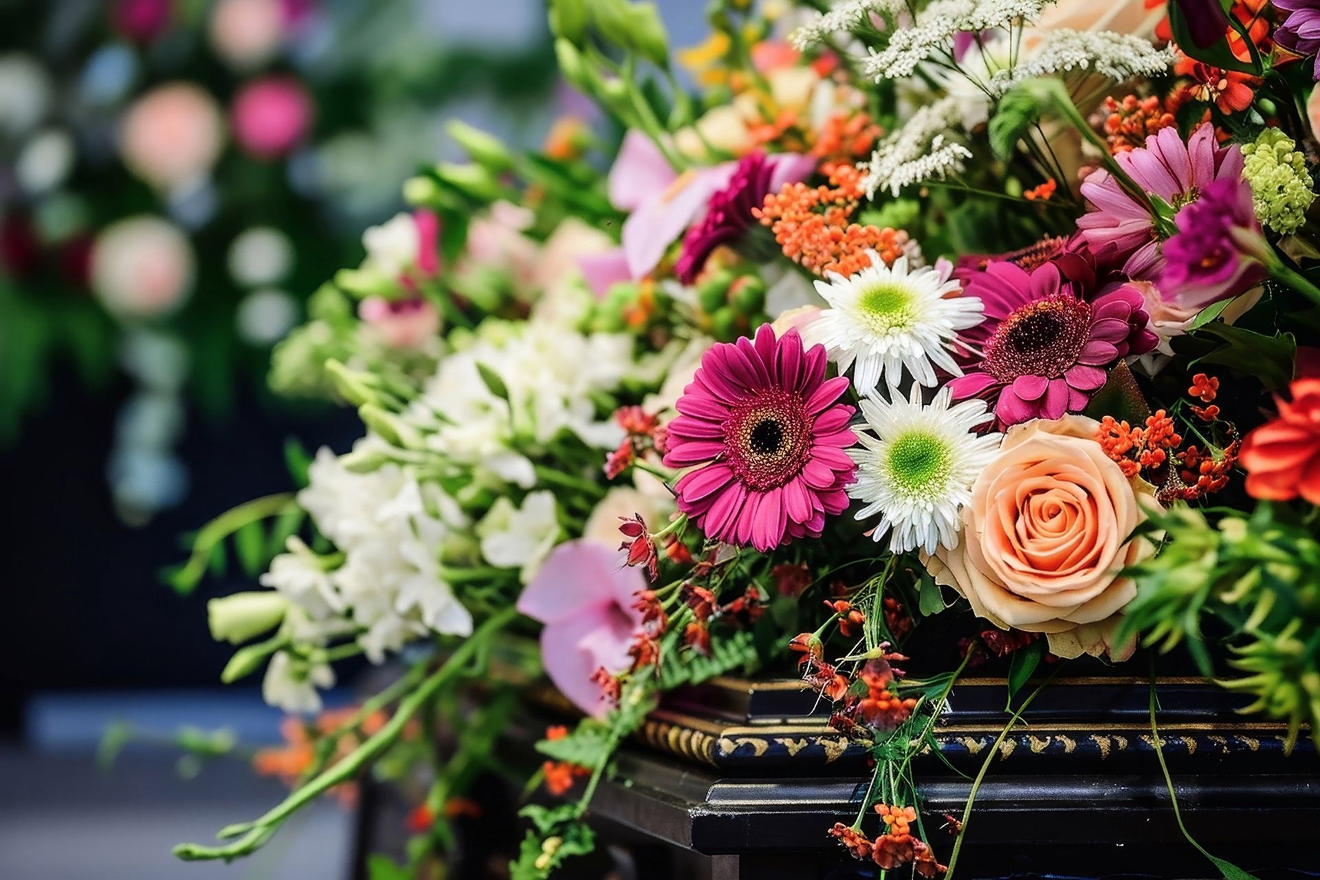 A man in a suit is sitting at a coffin at a funeral.