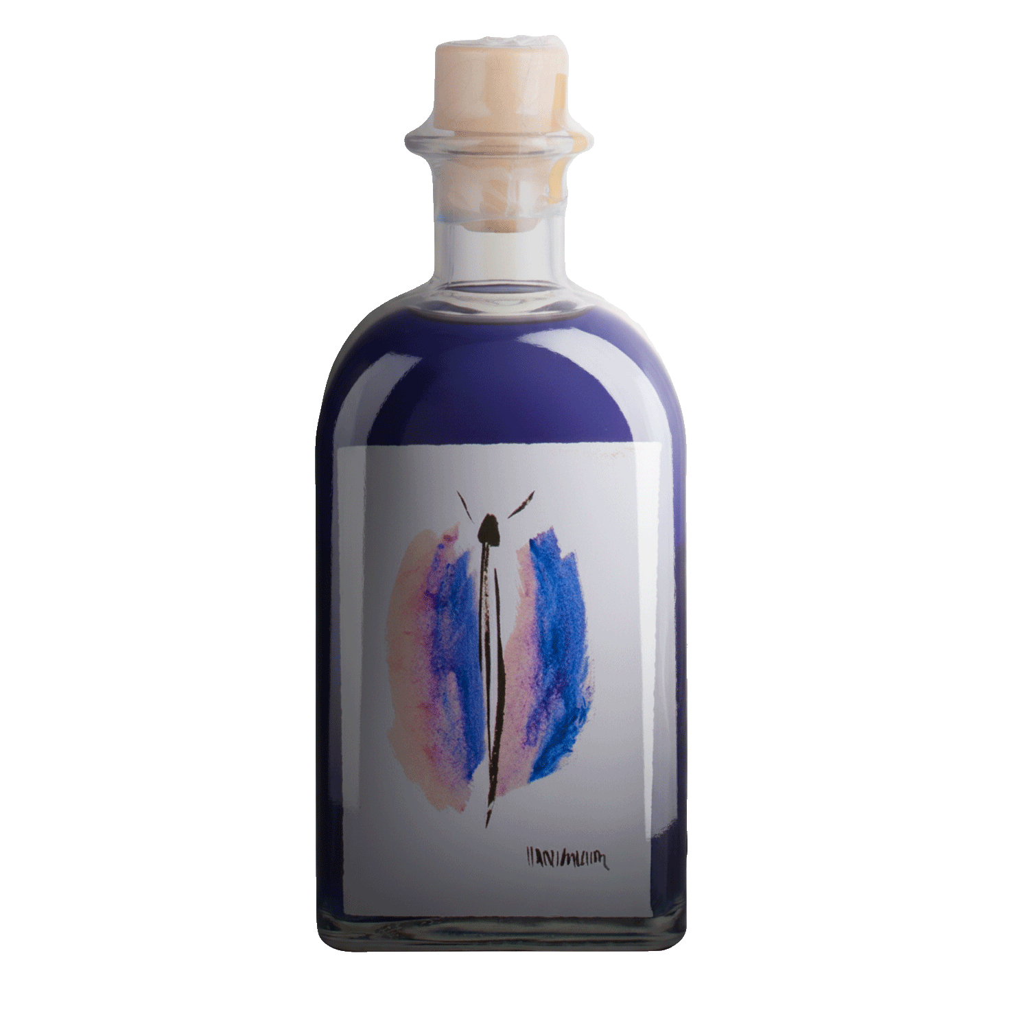 Eine Glasflasche mit Korken, gefüllt mit violetter Flüssigkeit. Das Etikett zeigt eine Aquarellzeichnung eines Schmetterlings.
