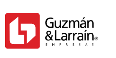 Logotipo para Guzmán & Larraín, en cuadrado rojo con gráfico blanco junto al nombre de la empresa en negro,