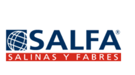 Logotipo de SALFA, una empresa. Presenta un globo terráqueo azul y texto azul en negrita.