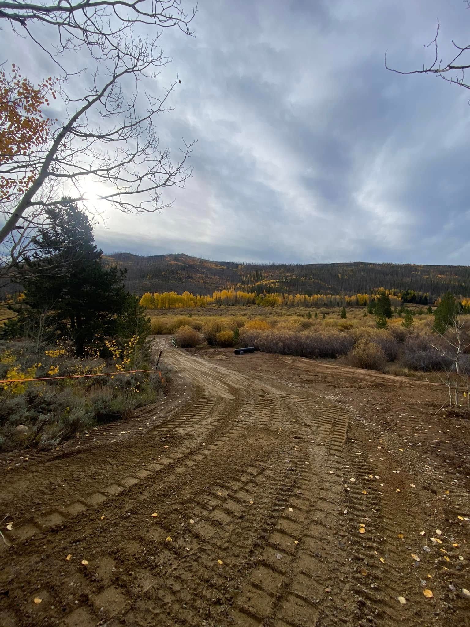 Dirt road curving through a fall landscape with yellow trees under a cloudy sky
