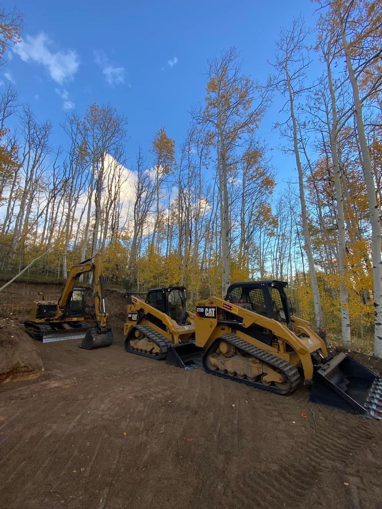 Two yellow construction loaders parked on a dirt path in a wooded area under a blue sky.