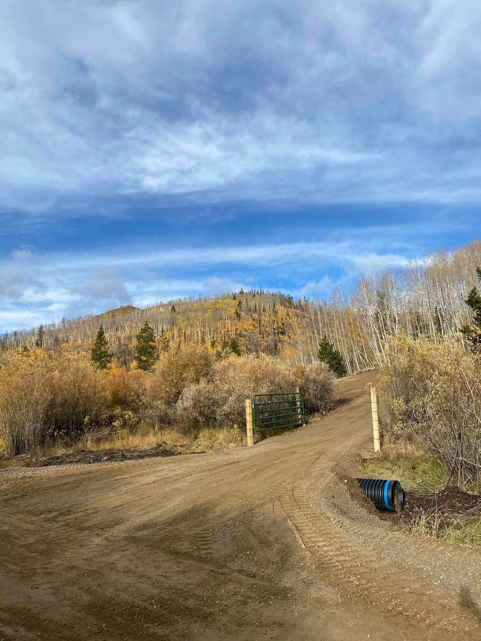 Dirt road curving through autumn trees under a cloudy blue sky, with a small blue object near the roadside