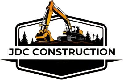 JDC Construction logo with excavator and dump truck in black, orange, and white