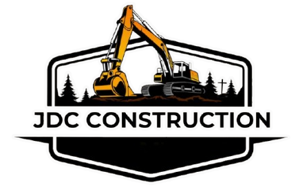 JDC Construction logo with excavator and dump truck in black, orange, and white