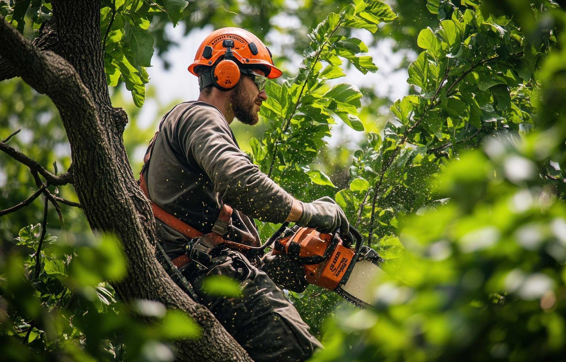 Professional Arborist Trimming a Tree with a Chainsaw in Safety Gear, Surrounded by Lush Green Leave