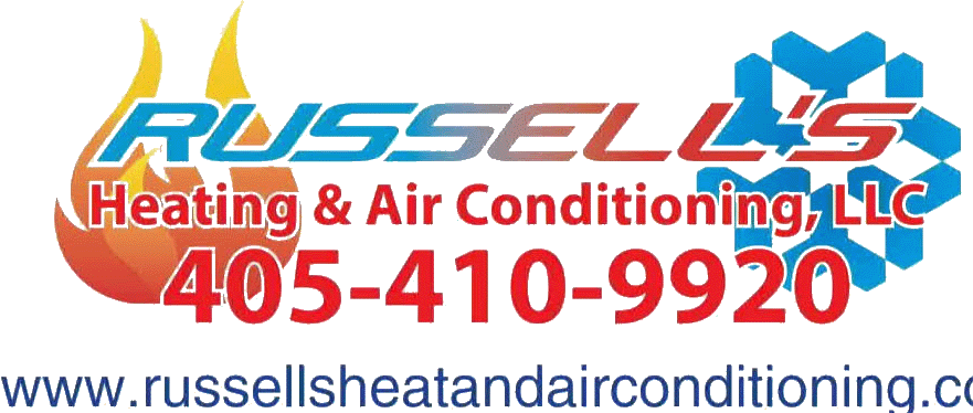 Logo for Russell's Heating & Air Conditioning with flame and snowflake design; phone number 405-410-9920.