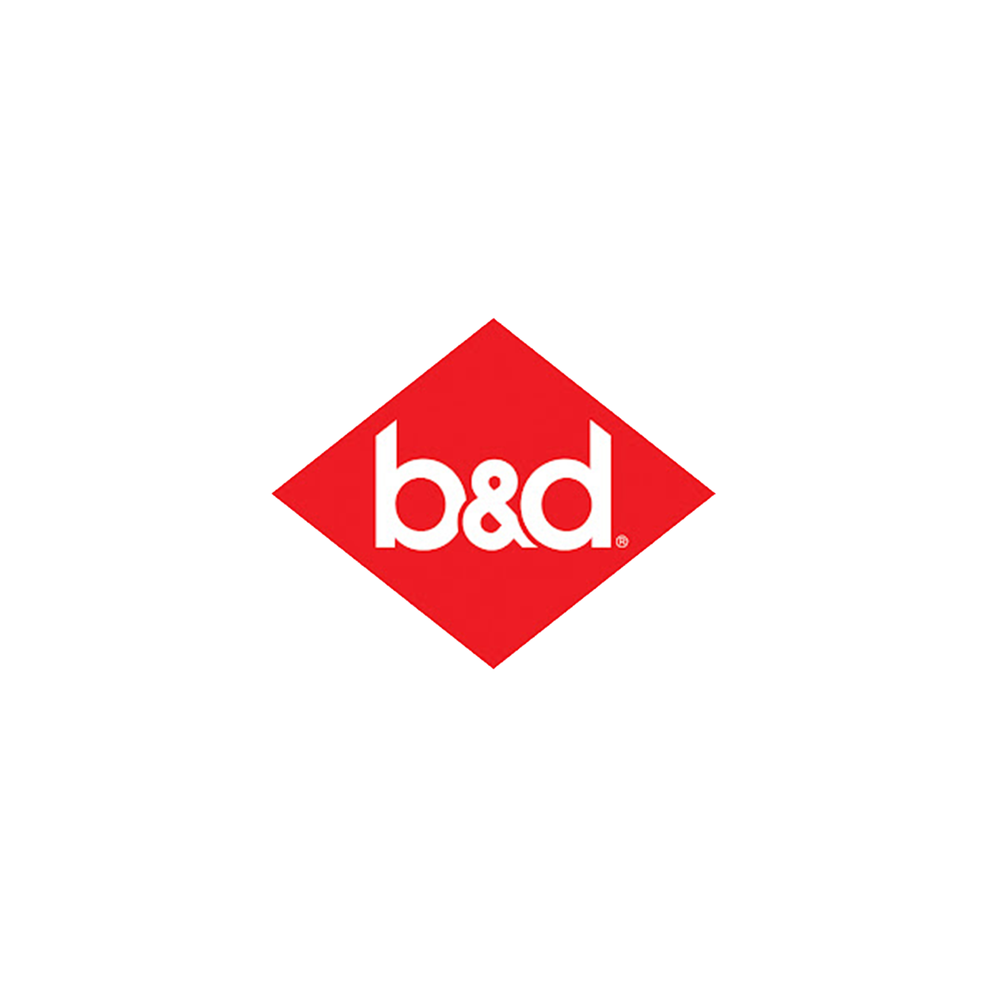 A red and white b & d logo on a white background