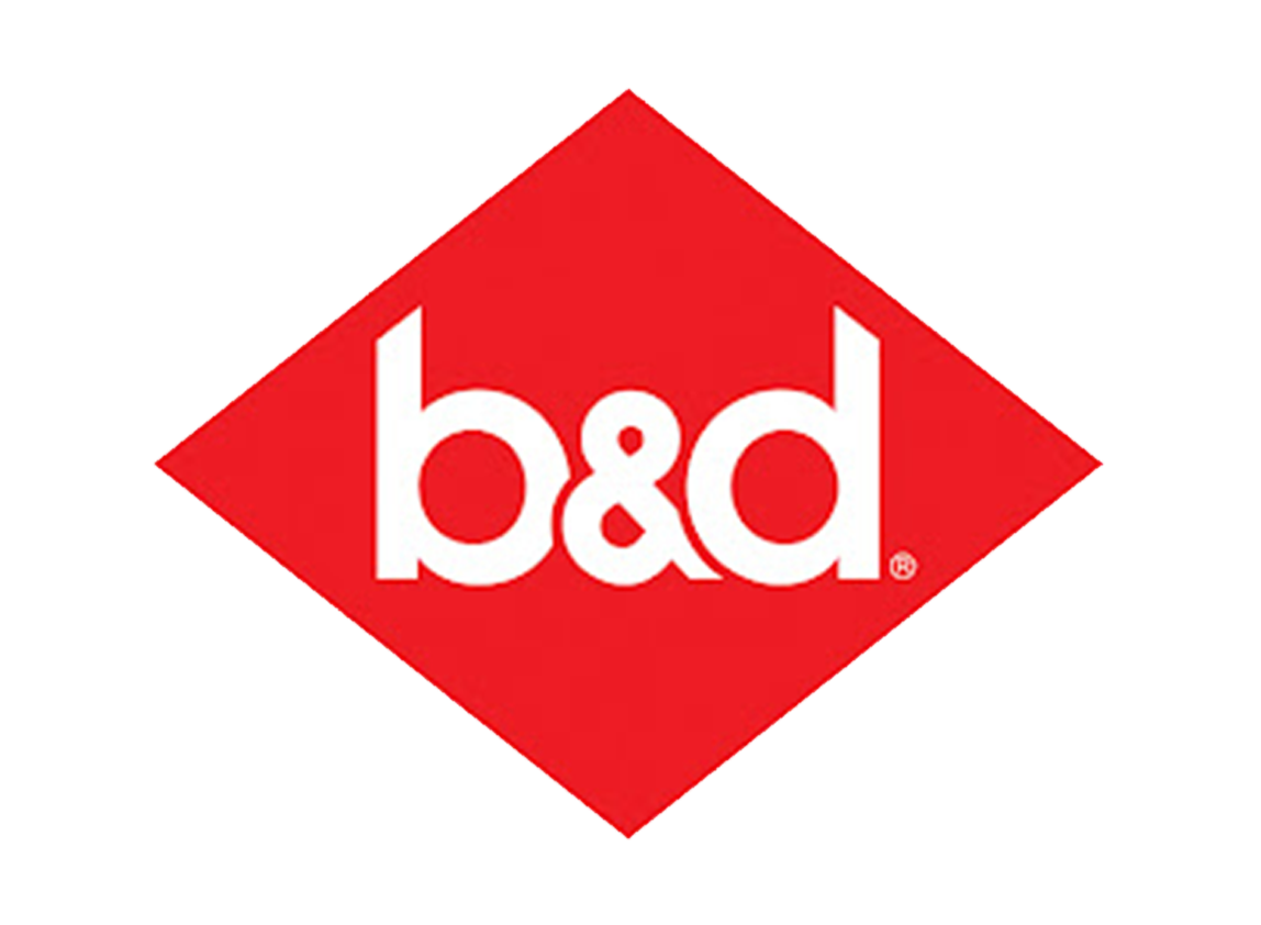 A red and white b & d logo on a white background