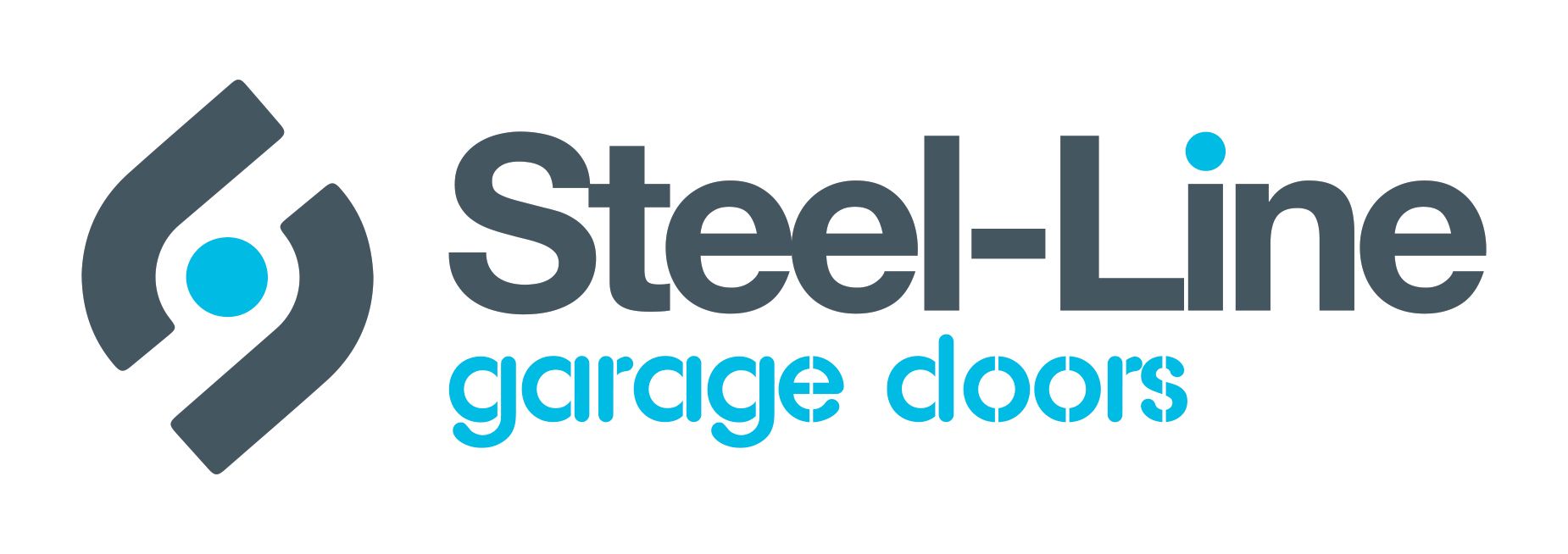 The logo for steel line garage doors is blue and black.