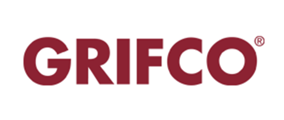 A red and white logo for grifco on a white background