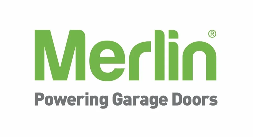 The logo for merlin powering garage doors is green and white.