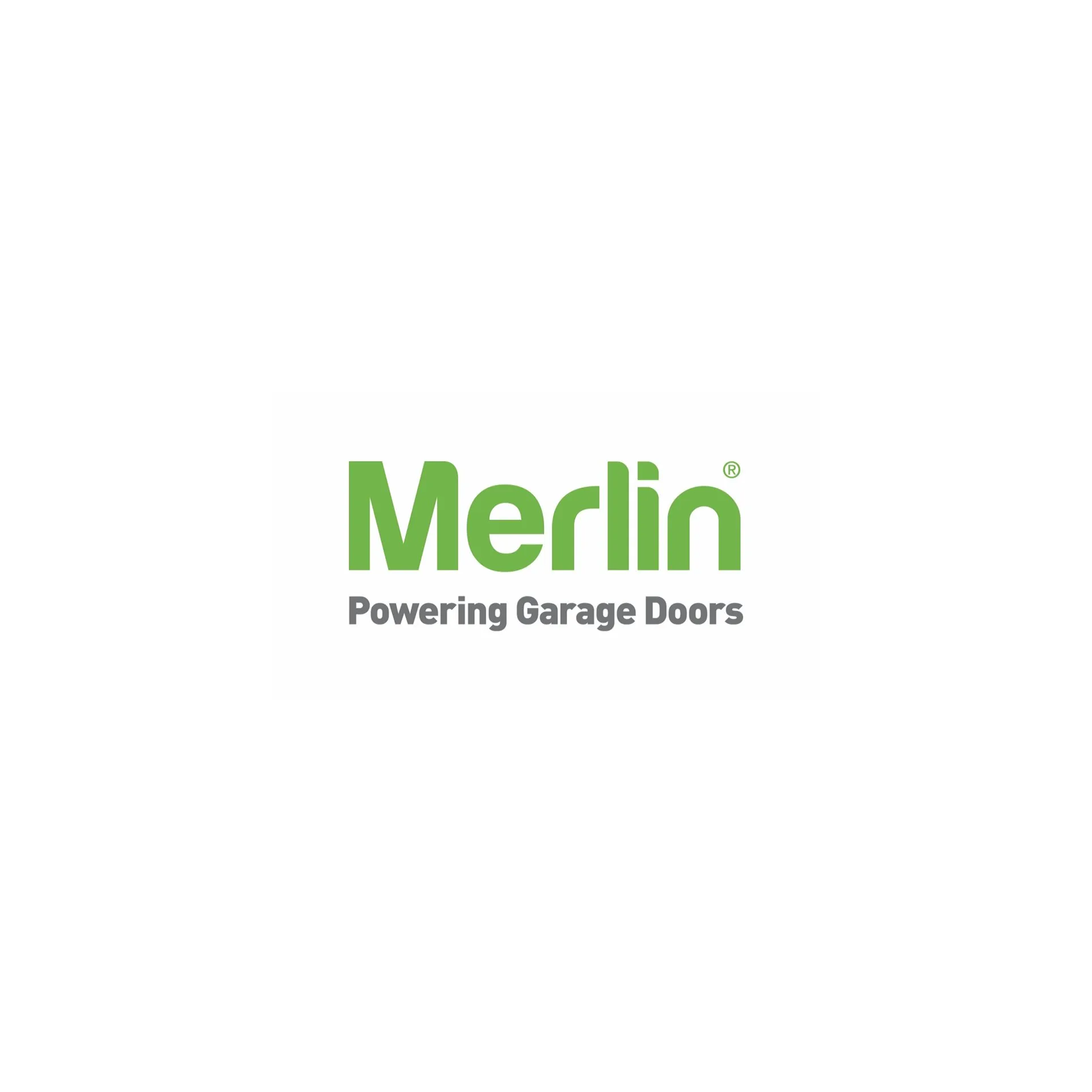 The logo for merlin powering garage doors is green and white.