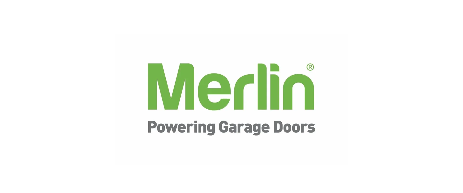 The logo for merlin powering garage doors is green and white.