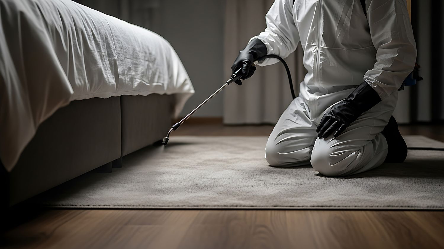 Exterminator spraying pesticide under bed for pest control.