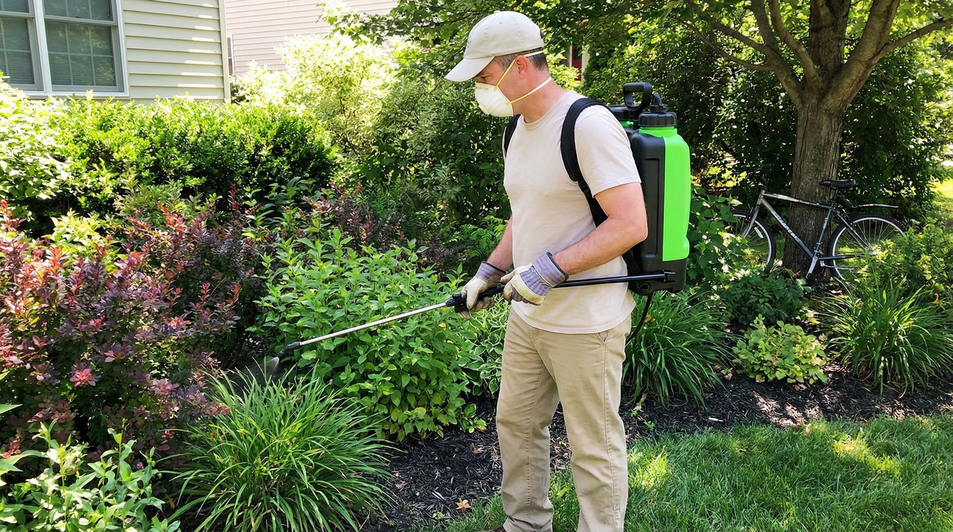 A worker in a mask and gloves treats garden shrubs and lawn edges with a green backpack pump sprayer. A worker in a mask and gloves treats garden shrubs and lawn edges with a green backpack pump sprayer.