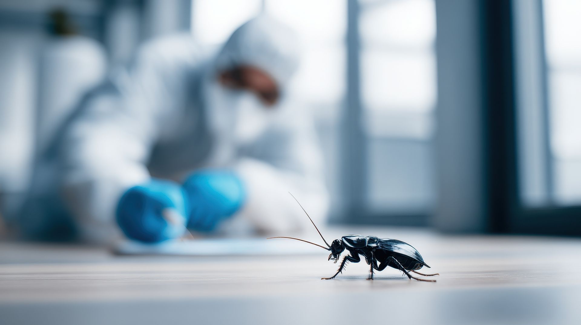 Giant Cockroach Crawling on Floor with Blurred Pest Exterminator in Background 
