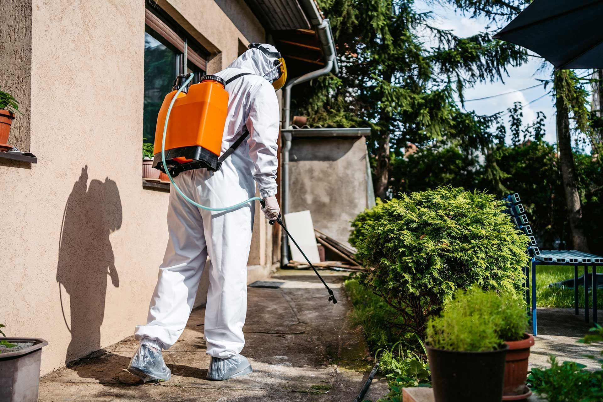 Male worker in full protective gear sprays garden near house exterior.