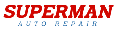 A red and blue logo for superman auto repair