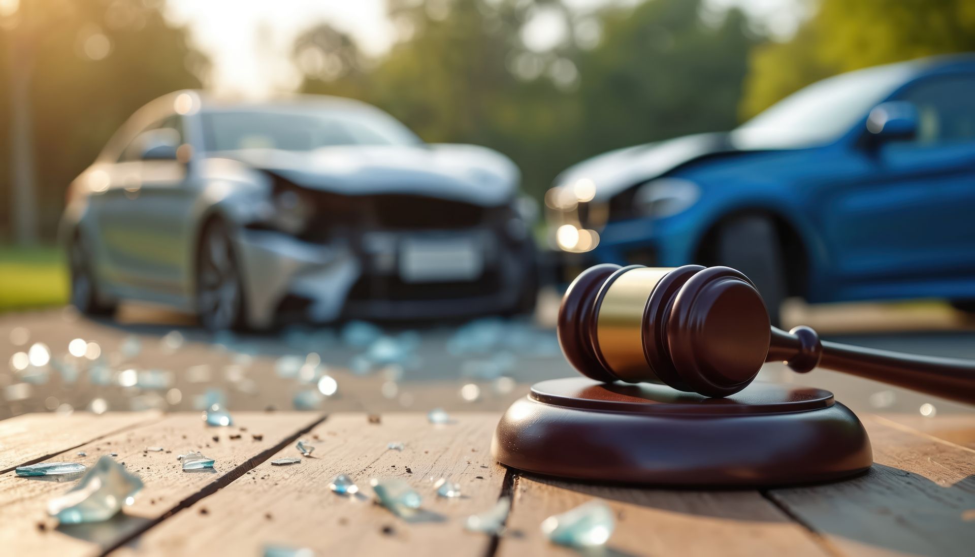 Gavel on a wooden table with broken glass near damaged vehicles after a traffic collision.