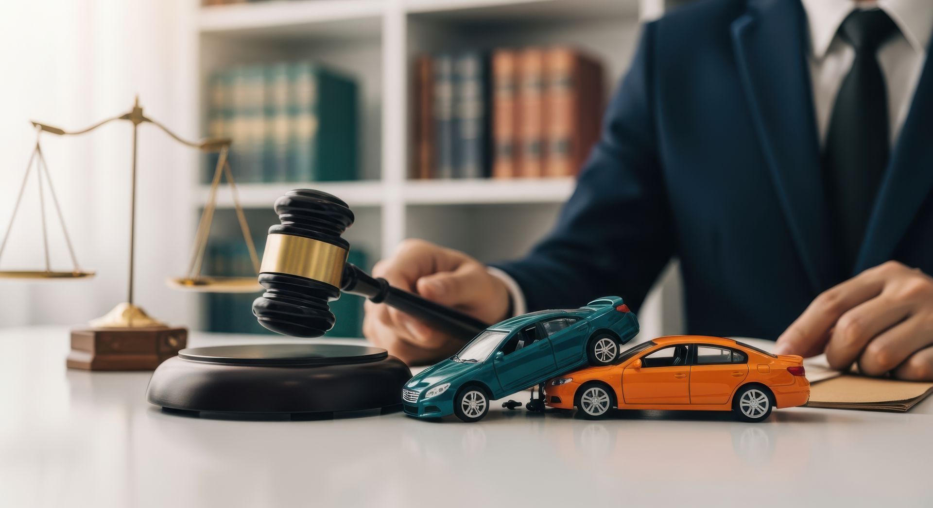 Lawyer’s desk with gavel, scales, and two toy cars, suggesting a car accident legal case