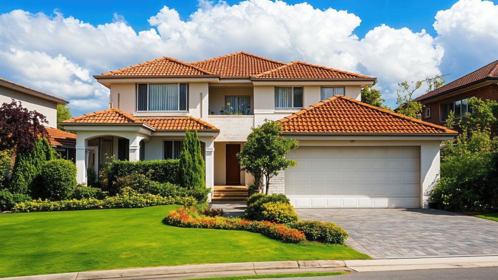 Two-story house with red tile roof, white exterior, garage, and landscaped yard on a sunny day.