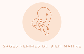 Logo avec une silhouette enceinte dessinée au trait dans un cercle pêche et le texte « SAGES-FEMMES DU BIEN NAÎTRE »