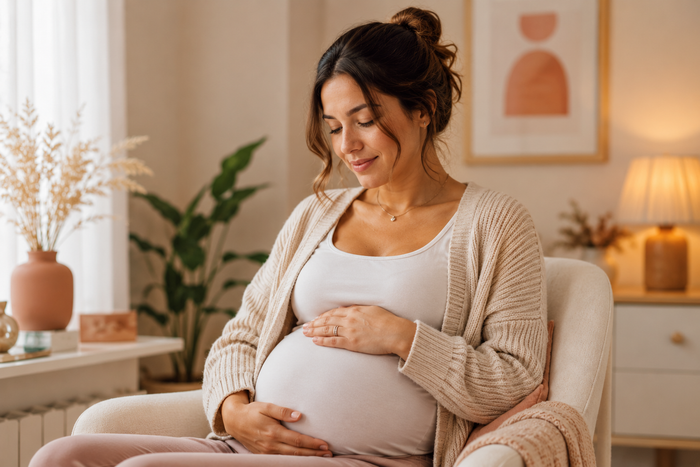 Une femme enceinte sourit, les mains posées sur son ventre, dans un salon confortable et ensoleillé.
