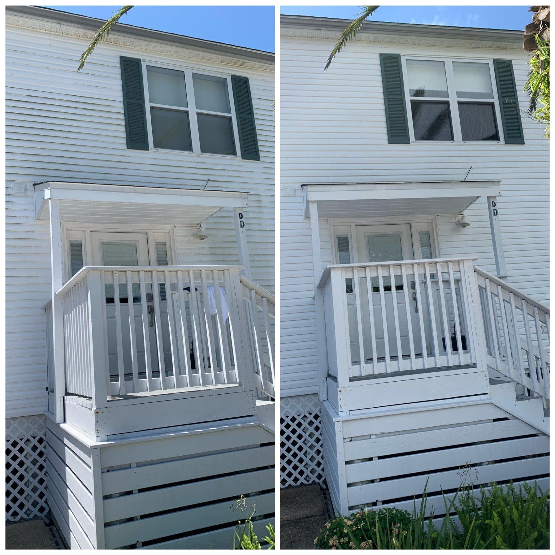 Two photos of a white house with green shutters; the right side is slightly cleaner.