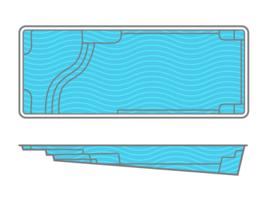 A drawing of a large swimming pool with blue water.