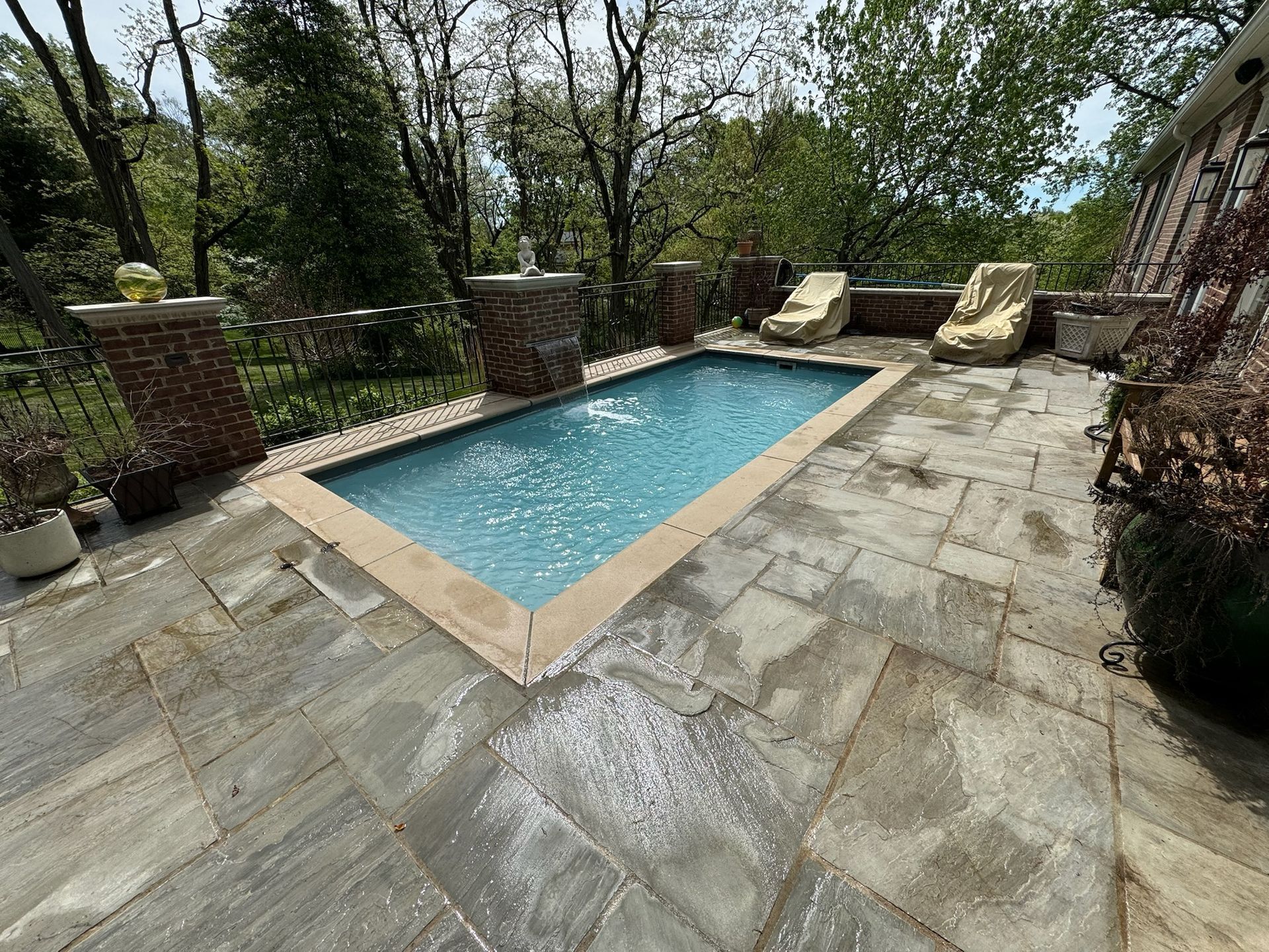 Stone patio with a rectangular blue pool, lounge chairs, and trees in a backyard setting