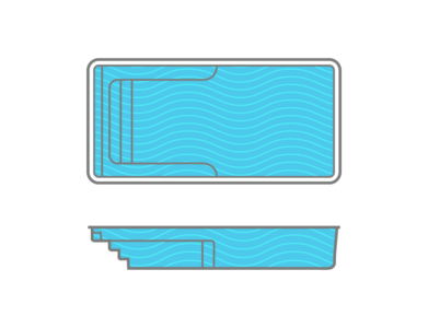A drawing of a swimming pool with blue water and stairs.