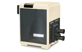 A tan and black swimming pool heater on a white background