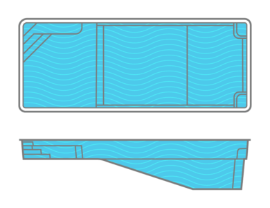 A blue swimming pool is shown from two different angles on a white background.