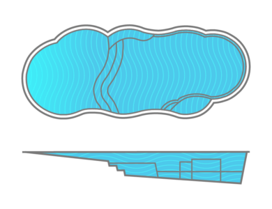A drawing of a large blue swimming pool with stairs.