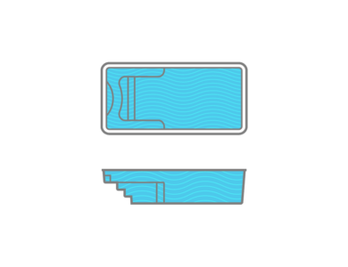 A drawing of a rectangular swimming pool with blue water.