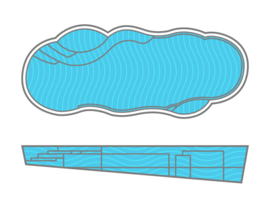 A drawing of a large blue swimming pool on a white background.