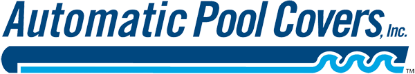 A blue and white logo for automatic pool covers inc.