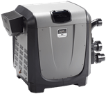 A gray and black swimming pool heater on a white background.