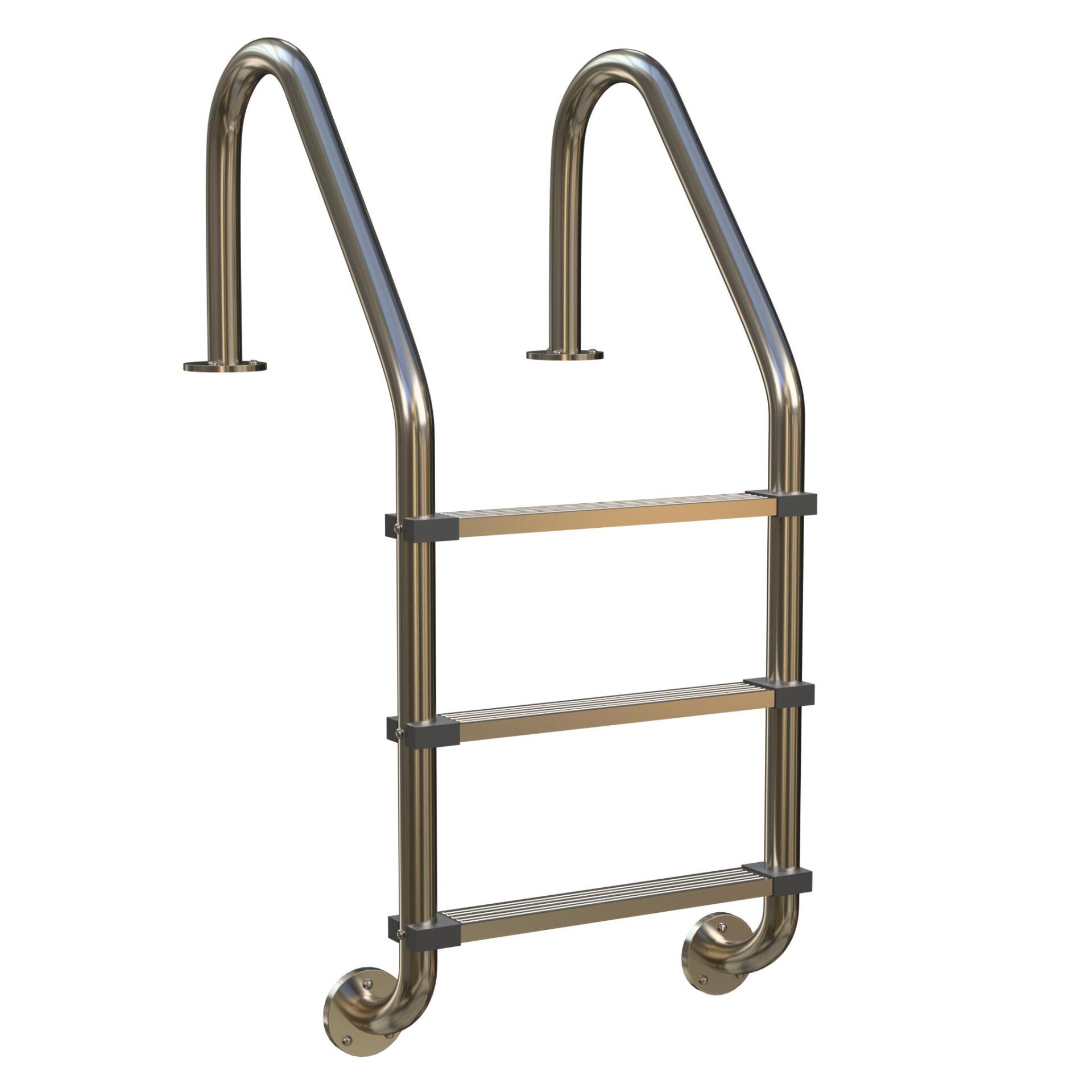 A stainless steel swimming pool ladder with wooden steps on a white background.