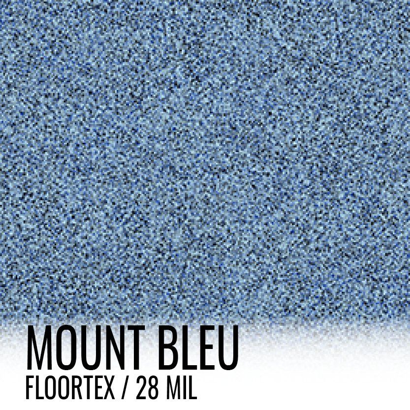 A close up of a blue carpet with the words mount bleu floortex / 28 mil written on it.
