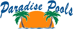 The logo for paradise pools shows two palm trees and a sunset.