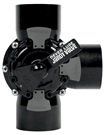 A close up of a black valve on a white background.