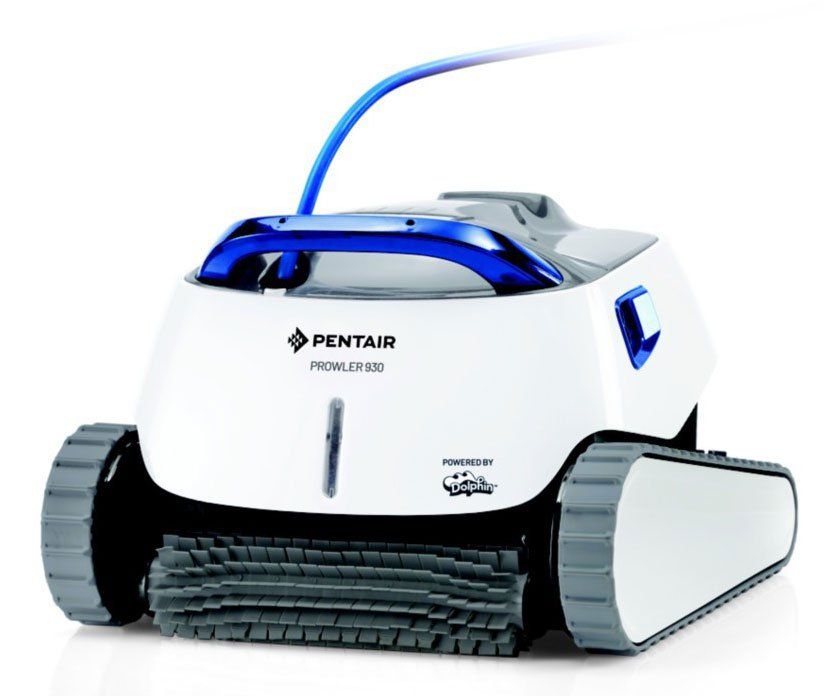 A white pentair pool cleaner with a blue handle