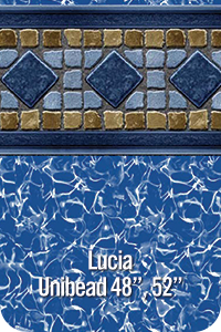 A picture of a swimming pool with a blue and gold tile border.
