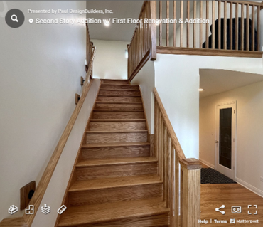 A picture of a staircase with the words second story addition on the bottom