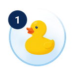 Yellow rubber duck with orange beak inside a blue bubble, marked with a dark blue number 1 badge.