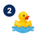Yellow rubber duck floating in blue water, with a dark blue circle labeled 2