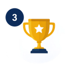 Blue circle with number 3 beside a gold trophy with a white star
