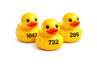 Three yellow rubber ducks with numbers 1043, 732, and 289 on a white background